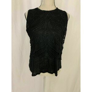 Generation Love Womens Solid Black Lace Linen Crew Neck Tank Top Large